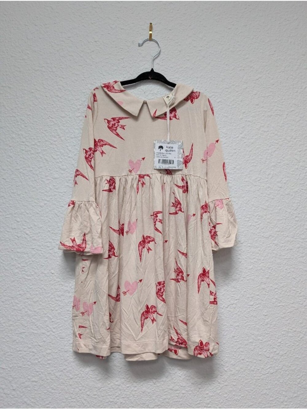 Kate Quinn Bamboo Birds & Hearts Collared Dress Bell Sleeve 3T Red Pink